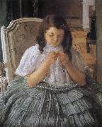 Mary Cassatt The girl is sewing in green dress France oil painting reproduction
